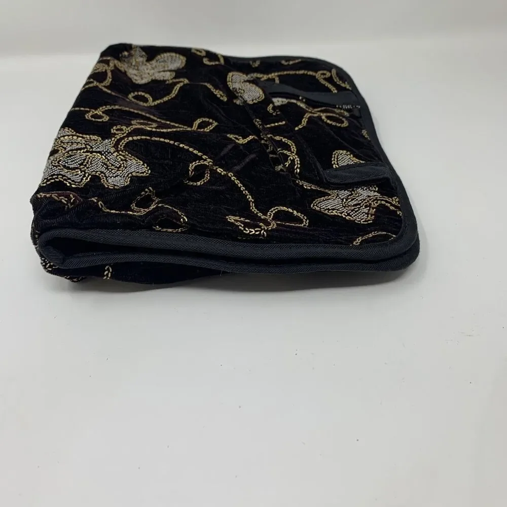 Siris Black Gold Floral Velvet Travel Cosmetic Toiletry Organizer Bag USA